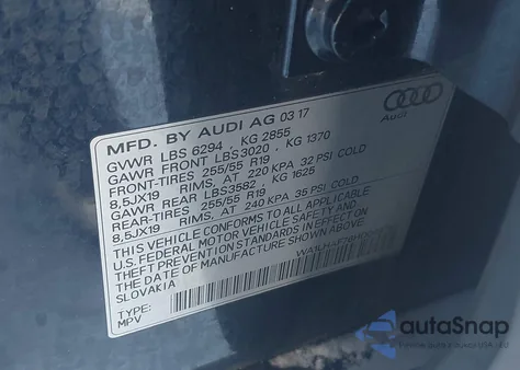 2017 Audi Q7 2.0T Premium from USA, damaged, VIN WA1LHAF76HD049752